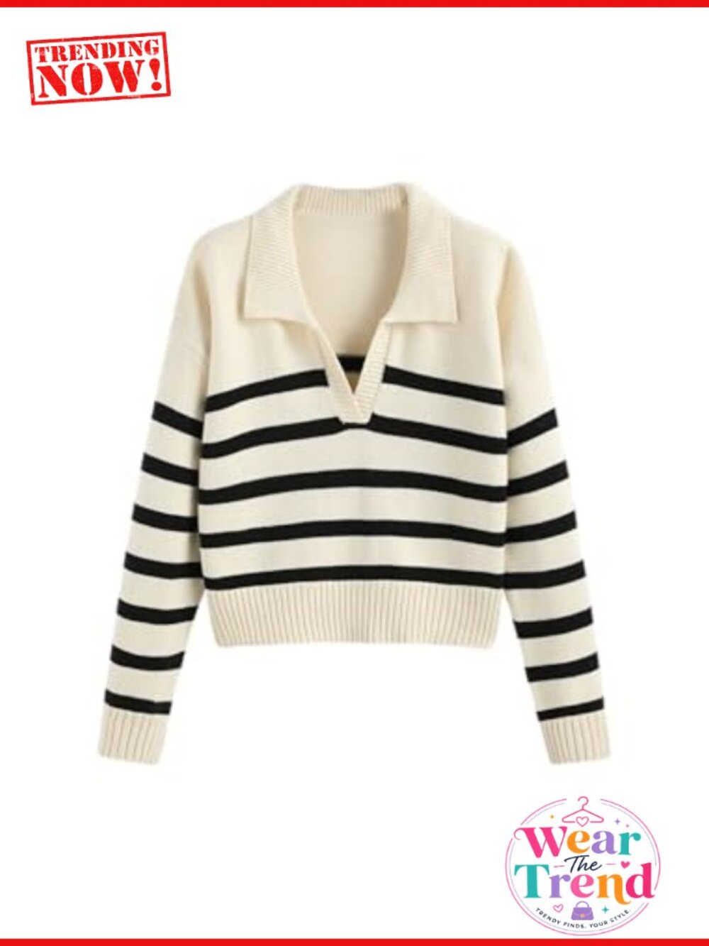 Women's Oversized Striped Collar Knit Polo Sweater Pullover